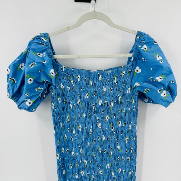 Never Fully Dressed Blue Smocked Puff Sleeve Midi Dress Floral Ruffle Hem 12 - Picture 4 of 10